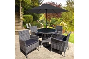 GOODS EMPORIUM 4 Seater Rattan Garden Dining Set - 5 Piece - Indoor, Outdoor, Patio, Conservatory Armchairs & Round Parasol/umbrella Table (Dark Grey Mixed with Parasol & Base)