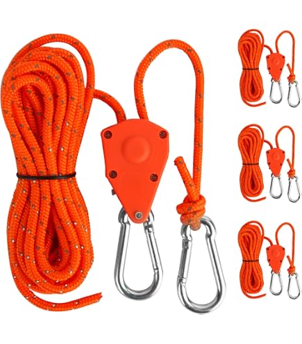 Lot 8 Boucles à Ressort FuJiaXin - 4 Pitons Tente Acier Inox + 4 Mousquetons - Camping Randonnée Pique-nique