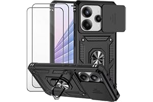 Dechyi Funda para Xiaomi Redmi Note 14 4G y 2 Piezas Vidrio Templado Cubierta de Cámara Deslizante con Soporte de Anillo Fundas Duradero Robusto-Negro