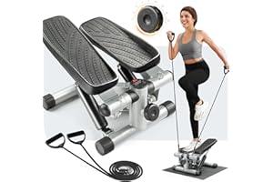 LEADZM Mini Stepper avec Coussinet Silencieux, Stepper de Fitness 2 en 1 avec Bandes de Résistance, Écran LCD, Compteur de Calories, pour L'entraînement des Jambes et des Bras Fessiers, Noir et Argent