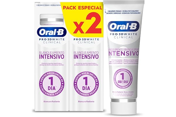 Oral-B Pro 3D White Clinical Dentífrico Blanqueante, 2x75ml | Pasta de Dientes Blanqueadora con Sabor a Menta Siempreverde, Elimina Las Manchas Superficiales, Blanqueamiento Intensivo