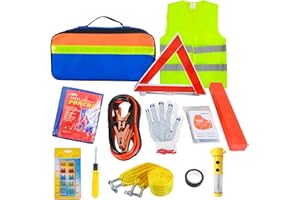 crayfomo 12-In-1 Car Emergency Tool Kits,European Roadside Assistance Car Breakdown Kit with Visibility Vest,Warning Triangle,Jumper Cables,Car Safety Hammer,Tow Rope,Storage Bag
