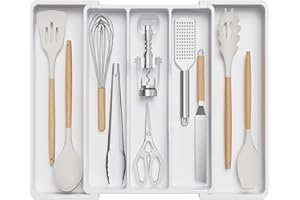 Lifewit Organizer do szuflady na przybory kuchenne, rozszerzalna duża taca na sztućce do kuchni, regulowany uchwyt sztućce, przegroda przechowywania narzędzi i gadżetów, duża, biały