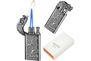 CYJBAO Relief Dragon Dual Flame Lighter - Windproof Adjustable Jet & Soft Flame, Refillable Butane Lighters for Candle, BBQ, Kitchen, Camping(Without Butane)-Black Ice