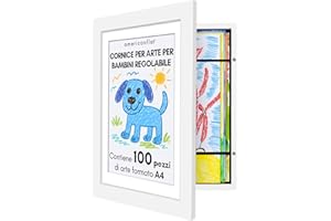 Americanflat Cornice Porta Disegni per Bambini (Bianco) - Cornice A4 con Passepartout e 25x32 cm Senza Passepartout - Cornice Apribile per Disegni Bambini con Vetro Infrangibile