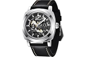 BY BENYAR BENYAR - Montre Automatique Homme Mécanique |Bracelet en Cuir | Mouvement Doré | Cadran Squelette de 45 mm | Résistant à l'eau et Aux Rayures Cadeau élégant