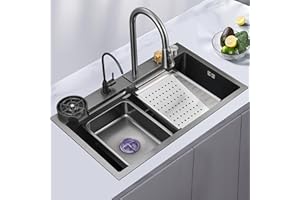 GXSDYYDS Fregadero cocina un seno XL 80 x 45cm Fregadero cuadrado de Acero Inoxidable Cepillado, incluyendo Grifo, Escurridor, Lavadora, Fregadero bajo encimera, Enrasado o Sobre Encimera, Negro