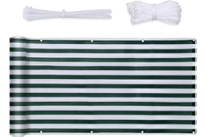 Sekey Balkon Sichtschutz Balkonabdeckung HDPE 220 g/m², 75x600cm, Leicht Transparent Wind- und UV-Schutz Wetterfest, mit Ösen, Nylon Kabelbinder und Kordel, Grün-Weiß Gestreift