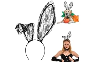 QIZHIQIAMY Oreille de Lapin Halloween Serre Tete Oreille de Lapin Noir Dentelle/Blanc Peluche Bunny Ears pour Enfants Adultes Halloween Accessoire de Déguisement, Cosplay