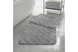 PARADISE STAR Block Memory Foam Bath Mat Extra Absorbent, Soft & Comfortable, Non Slip Bathroom Rug and Pedestal Bath Mat Set COLOUR SILVER