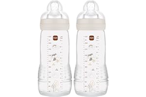 MAM Easy Active Bottles | 2 Pack (2 x 330ml) | Fast Flow MAM Teats Size 3 | Baby Accessories | Beige (Various Designs)