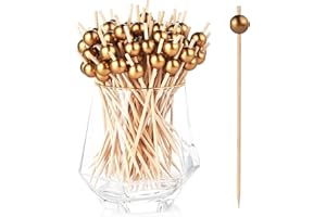 ALINK Lot de 100 brochettes à cocktail en bois avec perle acrylique dorée de 12 cm pour barbecue, nourriture au doigt, brochettes à fruits, bonbons et antipasti pour fête, cadeau, carnaval,