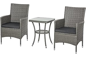 ‎OUTSUNNY Outsunny Polyrattan Gartenmöbel Set, Outdoor Lounge Balkonmöbel für 2 Personen, 3-teilig Sitzgruppe, 2 Stühle, Tisch Sitzkissen, Gartenlounge für Garten, Terrasse, Balkon, Grau