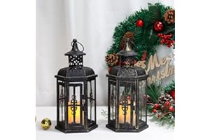 JHY DESIGN - Juego de 2 farolillos Decorativos de 25,4 cm de Altura, Farol Colgante de Estilo Vintage, portavelas de Metal Negro con Cepillo Dorado