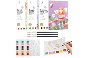 OVOISSTIY Pintura con Libros de Agua para Niños, 3 Packs Libro Pintura Acuarela 60 Páginas de 3 Temas, Pinturas Acuarela para Niños 8+ Años con Pincel de Agua Rellenable, Regalo de ilustración​