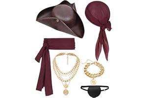 BRYNDO 6 Pcs Pirate Costume Accessories Set for Women Men, Pirate Fancy Dress with Hat Bandana Head Scarf Sash Eye Patch Belt Necklace Bracelet for Cosplay Party
