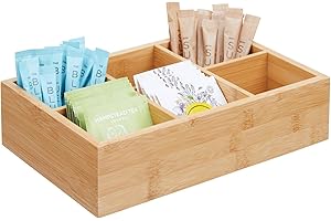 mDesign Kitchen Organiser – Storage Container with 6 Compartments for Holding Sugar, Salt, Tea Bags and Other Small Items – Kitchen Storage Box Made from Bamboo – Natural