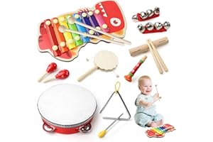 DBTW 10Pcs Toddlers Percussion Toy Set, Neutral Wooden Rhythm Toys, Boho Enlightenment Sensory Instruments, Baby Musical Instruments, Preschool Toys with Xylophone Beater for Kids Boys Girls