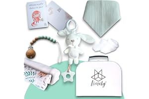limely©, Baby Geschenkset, Baby Erstausstattung neugeborene, Schnullerkette, Lätzchen, Söckchen, Kuscheltier, Grußkarte, Mulltücher, Geschenkbox (Türkis)