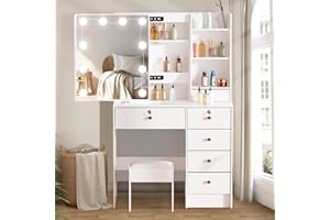 Aovquof - Tavolo da toeletta con illuminazione a LED in stile Hollywood, con specchio e sgabello, con 6 cassetti e 3 scomparti aperti, colore bianco, moderno, ideale in camera da letto
