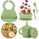 MOOKLIN ROAM Set Pappa per Bambino, 7 Pezzi Set di Svezzamento in Silicone con Antiscivolo Ventosa Ciotola Piatto Tazze Bavag