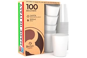 Baciato Caffè 100 Bicchieri in Carta Bianchi 200ml Ecologici Biodegradabili Monouso Made in Italy Asporto Bevande Calde Acqua - Prodotto e confezionato in Italia
