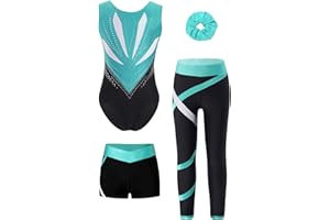 Oyolan 4 Pièces Ensemble de Gymnastique pour Fille Enfant Justaucorps et Legging Short Chouchou Tenue Danse Gym Patinage Sport Fitness