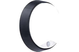 Luceco Eco Outdoor LED Bulkhead Light with PIR Motion Sensor, Decorative Exterior Lighting, Round, Black, IP54, 10W, 700lm, 4000K, EBER10P40