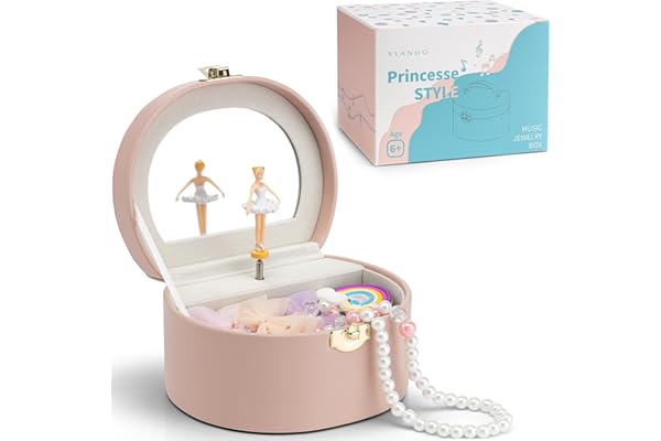 VLANDO Boîte à bijoux pour fille avec boîte à musique, boîte à bijoux pour enfants avec ballerine tournante et miroir, jouet cadeau de 4 à 5 ans, boîte à bijoux en cuir avec autocollants DIY