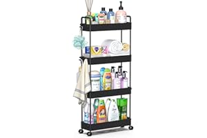 ‎SOLEJAZZ SOLEJAZZ Rollwagen mit 4 Ebenen, Schmale Rollwagen Nischenregal auf Rollen für Küche, Bad, Waschküche, Schlafzimmer, schmale Plätze, Kunststoff,mit Griffen, 13 x 40 x 86.3 cm,Schwarz