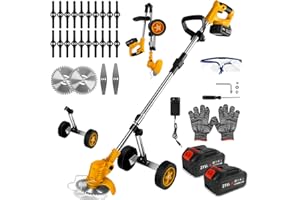 WINGFLY Desbrozadora Bateria, Cortadora de Césped Eléctrica Plegable con 2 baterías y 3 Cuchillas, Ruedas Desmontables, Varilla Telescópica, Cortabordes Eléctrico para Recortar Césped y Arbustos