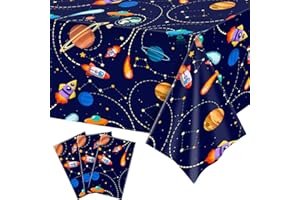 Paready 3 Pack Outer Space Tablecloth, Solar System Table Cover, Space Table Cloths for Planet Theme Party, Space Tablecloth with Planet Rocket Design for Boys Girls Birthday Supplies 54" x 108"