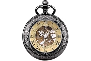 ManChDa Orologio da tasca da uomo con lente d'ingrandimento meccanica, a carica manuale, con numeri romani, antico orologio da taschino con catena + confezione regalo (bronzo/nero/argento)