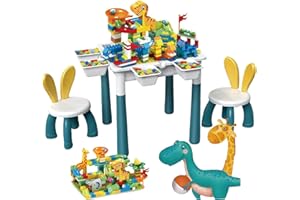 APTOFUN 6-in-1 Multifunktionaler Kinderspieltisch mit 304 Bausteinen & Dinosaurierbahn, inkl. 2 Hasenohr-Stühlen, für Kinder ab 3 Jahren – Lern-/Spiel-/Aufbewahrungstisch, vielseitig einsetzbar (48x48x49cm)