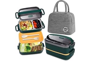 Haoh Bento Lunch Box avec Sac Lunch, 1100ml 2 Etages Boite Repas avec Compartiments Inox, Hermétique Boîtes Bento pour Pique Nique, Travail, Goûter, Ecole(Vert)