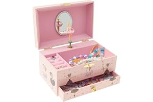 Alongen Musical Jewellery Box for Girls, 2 Layer Kids Dancing Music Box with Mirror Jewelry Organizer with Drawer Bracelet Ring Holder Case for Girls Kids Present(Pink)