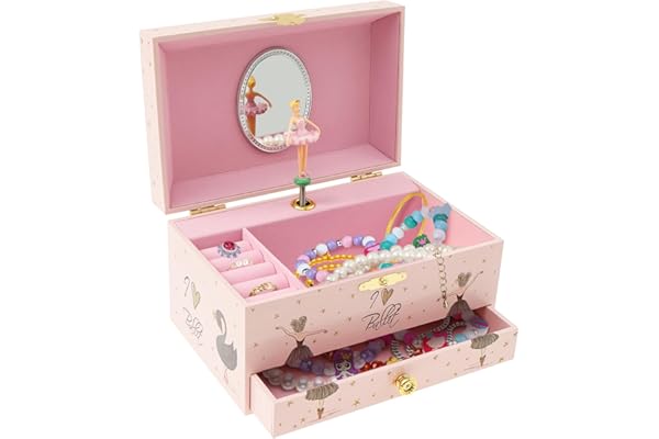 Boîte à bijoux musicale pour enfants avec mélodie tournante, motif de licorne et ballerine, miroir, tiroirs, boîte à bijoux pour petites filles, cadeau d'anniversaire (Rose-Ballerine noire)