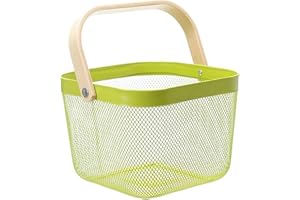 HOJKMA Cesto portaoggetti in acciaio con manico in legno, multifunzionale in filo metallico, ideale per cucina, bagno, dispensa, armadietto, shopping, verde frutta