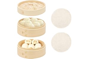 BULZEU Bambus Dampfgarer, 2 Etagen Bambusdämpfer, Ø 21CM Dumpling Steamer Bambus Dampfkorb Asiatischer Dämpfkorb mit 2 Baumwolltüchern, für Reis, Dim Sum, Gemüse, Fisch Fleisch Dumpling