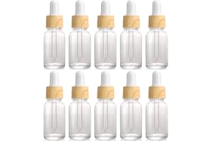 Alledomain 10Pcs, 10ml Clear Glass Bottles with Dropper Pipettes, Mini Empty Dropper Bottles Wood Grain Plastic Cap Refillable Sample Container for Essential Oil/Aromatherapy Blends/Chemical Liquid