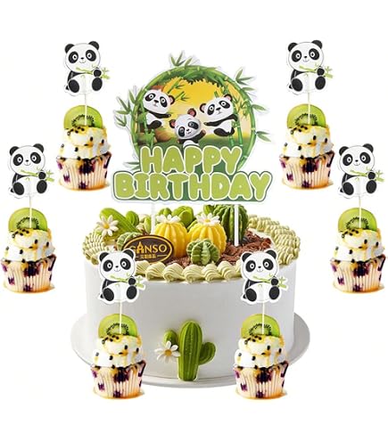 24 Stück Panda Cupcake Toppers | Glitzer Grün Bambus Design | Für Panda-Party & Kindergeburtstag