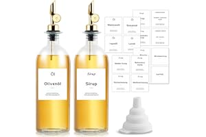 sunal Essig und Ölflaschen Set für Küche, 16,9oz/500ml Olivenöl Flasche Set mit Gewichtete Ausgießer,Glas Kaffee Sirup Spender mit Wasserdichtem Label×30, Silikon Trichter×1 (Golden,2er pack)