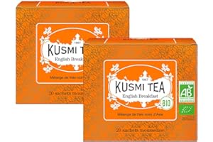 Kusmi Tea - English Breakfast Bio - Lot de 2 boîtes - Thé Noir Biologique - Mélange de Thés Noirs d'Asie - Ceylan et Assam - Thé Caféiné - 2x20 Sachets