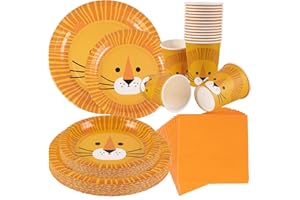 SUNBEAUTY 68 Stück Safari Geburtstagsdeko Partygeschirr，Pappteller Kindergeburtstag Deko Einschließlich Löwe Pappbecher Servietten Pappteller für Dschungel Geburtstag Dekoration