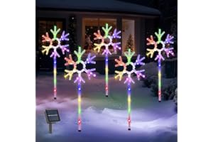Glowlit Snowflake Path Lights RGB 5 PCS Outdoor Christmas Snowflake Decorations Solar Christmas Pathway Lights with 8 Lighting Modes IP65 Waterproof for Courtyard, Grassland