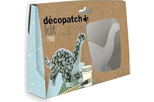 Décopatch KIT011O - Un mini-kit comprenant un animal en papier pulpé blanc, 2 feuilles Décopatch, un pinceau et un pot de vernis colle, DINOSAURE