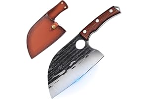 SMITH CHU Couperet de Boucher Serbe Forgé à la Main - Couteau de Chef pour Cuisine, Viande, Légumes - Désosseur Tranchant avec Étui en Cuir