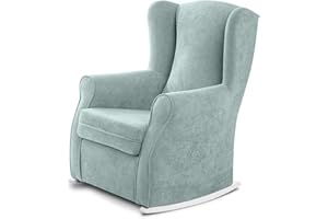 SUEÑOS ZZZ - Balancín Irene, sillón orejero de Lactancia tapizado en Tela Anti Manchas Color Verde Agua con balancín Lacado en Color Blanco. Mecedora para Dormitorio, salón o habitación de bebé