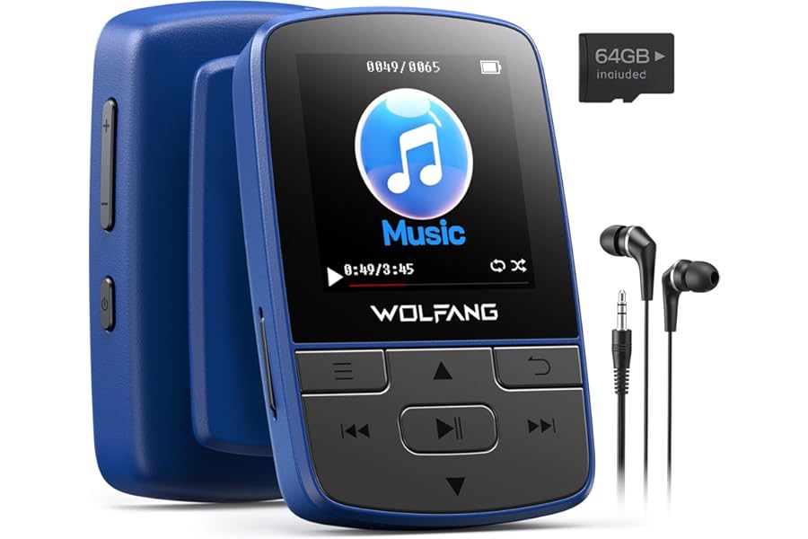 WOLFANG MP3 Player with Bluetooth 5.2, Sports Clip, Mini Size, 28g Lightweight, HiFi Lossless Sound, FM Radio, Voice Recorder, Wired Earphones Included (Blue)