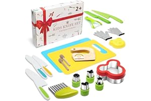 LETTO & TAILOR Couteau pour enfants Set de 21 couteaux de cuisine de sécurité pour enfants avec emporte-pièces pour légumes, couteau en bois, planche à découper